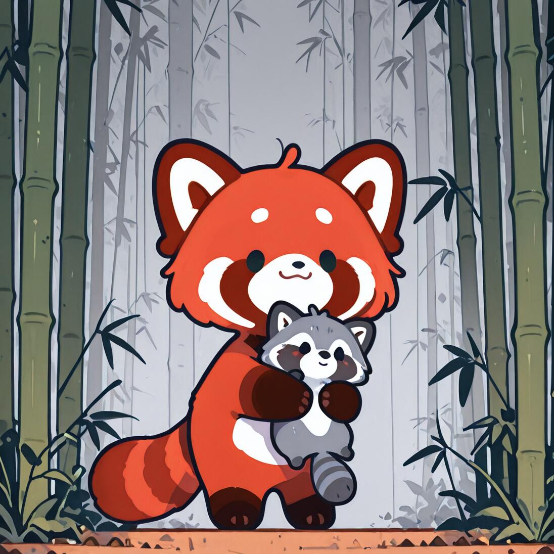 Um adorável panda-vermelho de desenho animado está em uma floresta de bambu, abraçando um pequeno guaxinim cinza, também ele de desenho animado.