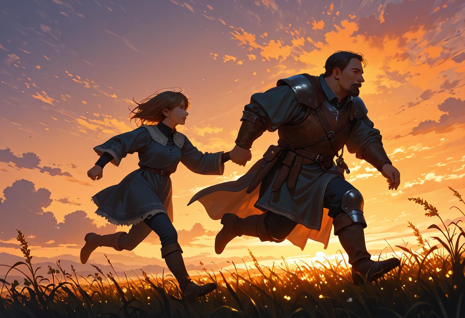 Uma ilustração de fantasia que retrata um cavaleiro corpulento e uma jovem a correrem juntos, de mãos dadas, por um campo verdejante, durante um vibrante pôr do sol alaranjado. O homem veste uma armadura e a menina usa um vestido azul.