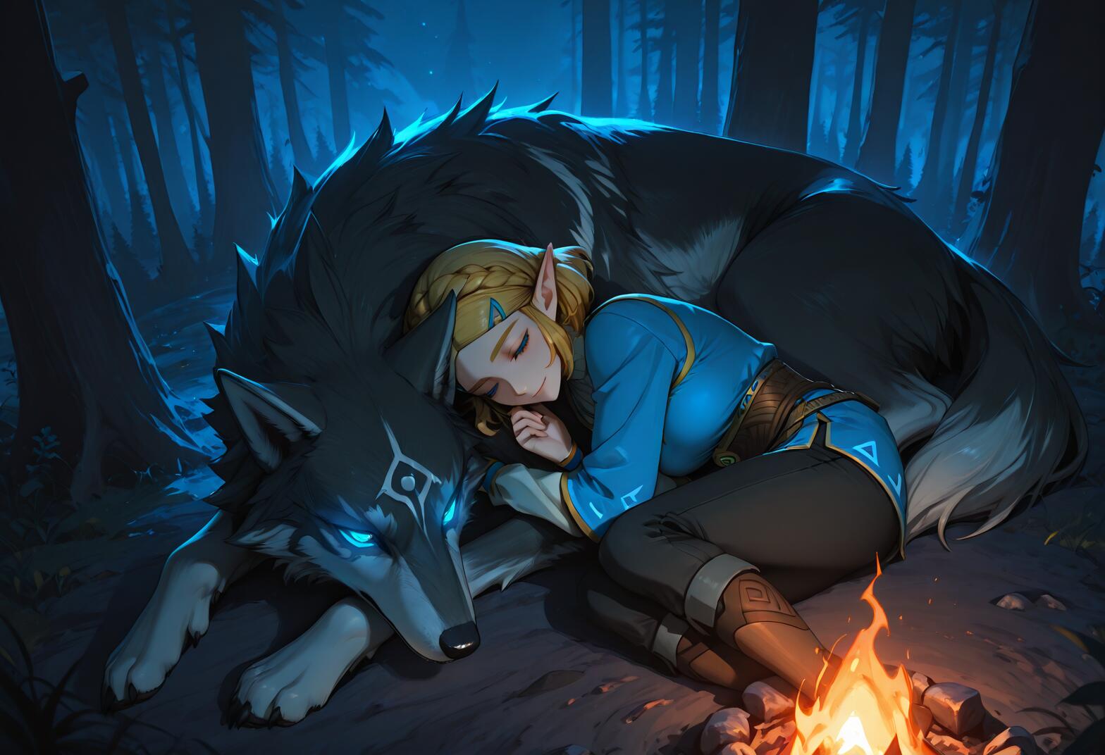 A princesa Zelda, vestida com sua túnica azul, dorme tranquilamente, encostada no grande Wolf Link, de pelagem escura, ao lado de uma fogueira em uma floresta durante a noite. Wolf Link está acordado, com os olhos azuis brilhando, e a observa atentamente.
