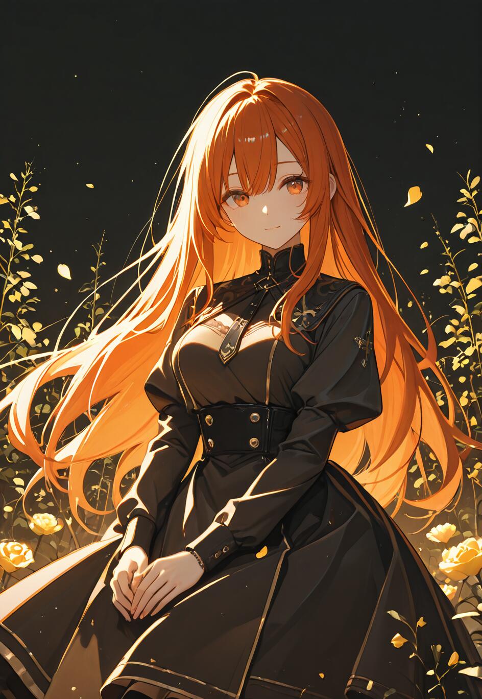 Uma ilustração em estilo anime de Ritsuka Fujimaru (Gudako), de Fate/Grand Order, mostrando uma jovem com longos cabelos laranja brilhantes e olhos cor de âmbar, vestida com um elegante vestido preto em um jardim escuro repleto de rosas douradas.