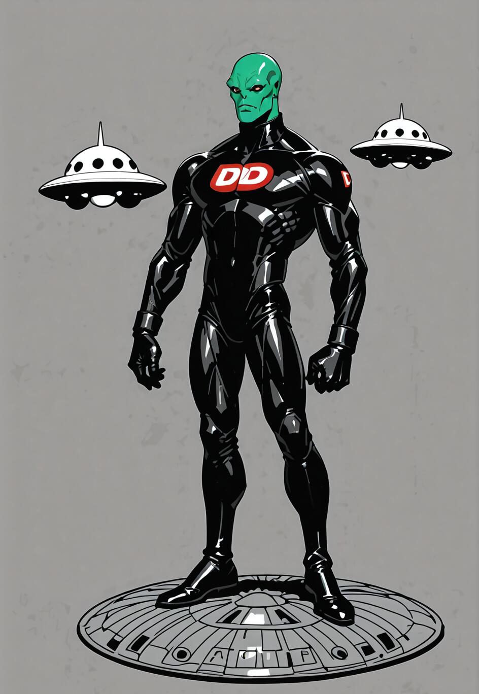 Ilustração de corpo inteiro de um alienígena musculoso, de pele verde, vestindo um elegante fato preto com um logotipo vermelho em forma de «DD», em pé sobre um OVNI, com dois OVNIs menores ao fundo.