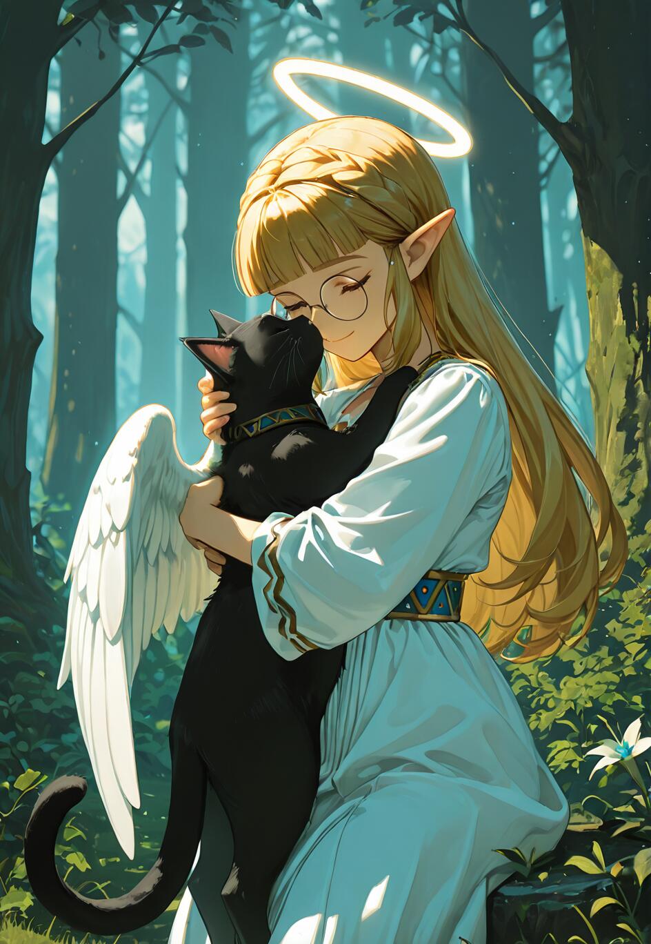 Uma ilustração no estilo anime da Princesa Zelda, com longos cabelos loiros, orelhas pontudas, um halo e uma asa de anjo, sentada numa floresta e abraçando carinhosamente um gato preto.