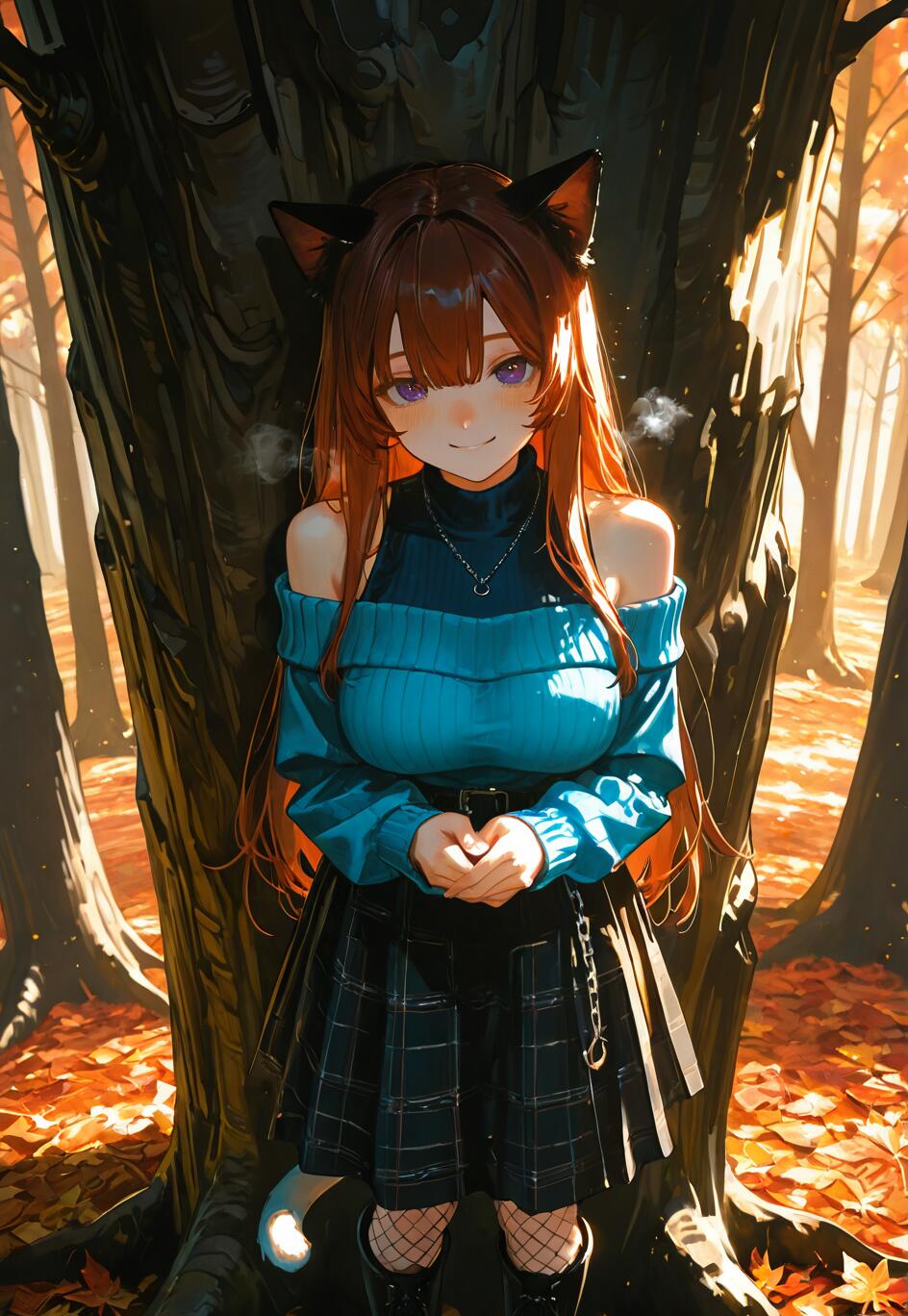 Uma ilustração de corpo inteiro de uma personagem de anime, uma rapariga-gato, com longos cabelos castanhos e olhos roxos, vestindo um casaco azul de ombro caído e uma saia xadrez, em pé numa floresta outonal em frente a uma árvore grande.