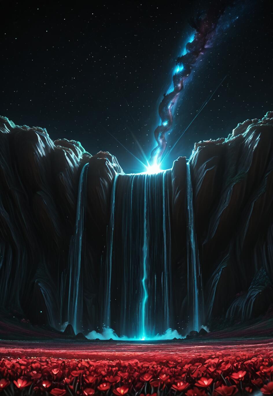 Uma cena de fantasia surreal que retrata uma cascata azul luminosa, que jorra de uma galáxia em espiral num céu noturno estrelado. A cascata é emoldurada por penhascos escuros e deságua perto de um vasto campo de flores vermelhas vibrantes.