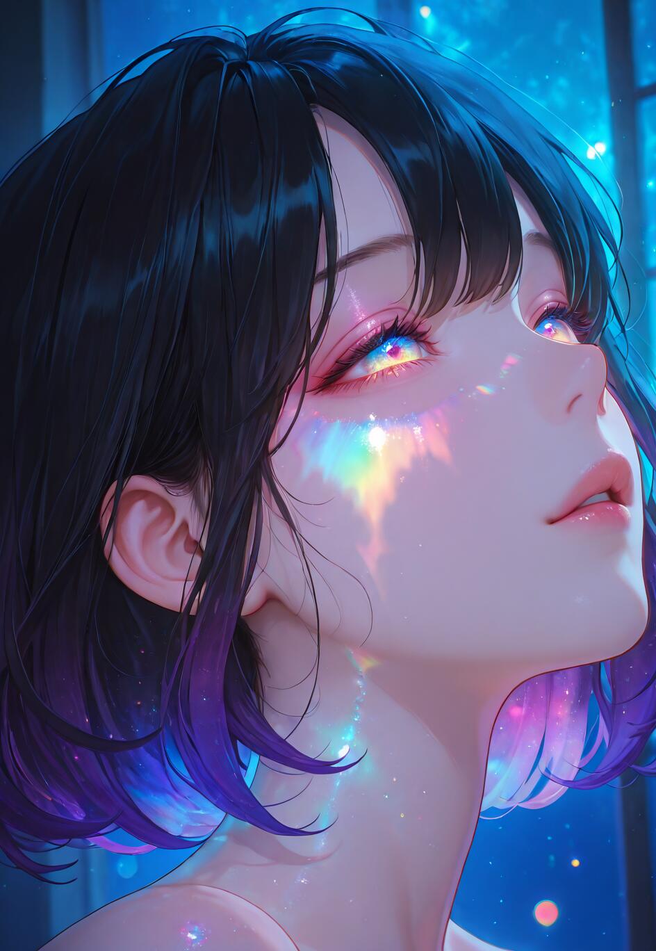 Um retrato artístico em close-up de uma mulher no estilo anime, com cabelo preto curto e pontas roxas, olhando para cima. Uma luz vibrante, com as cores do arco-íris, reflete-se nos seus olhos e ilumina a sua face, contrastando com um fundo azul estrelado.