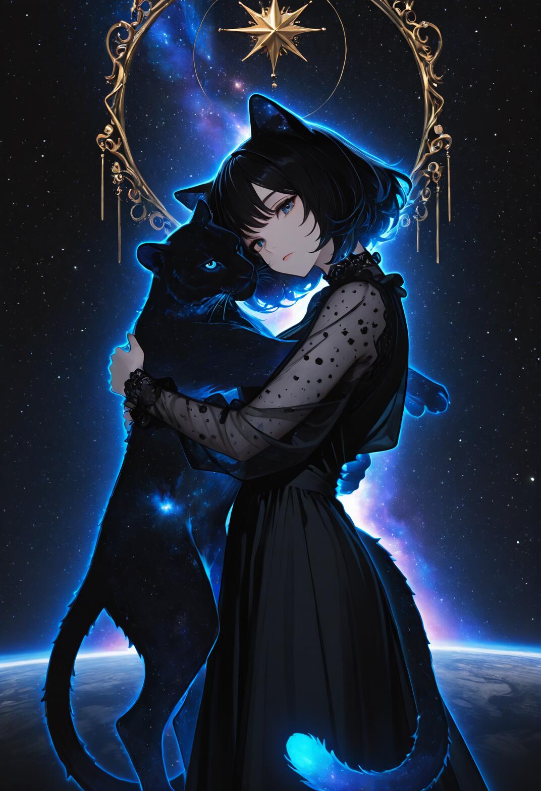 Uma personagem de estilo anime, uma rapariga-gato com cabelo preto curto e um longo vestido preto com mangas transparentes, abraça uma grande pantera negra. Ambos emanam uma aura azul, em frente a um cenário espacial estrelado, com um planeta abaixo e um símbolo celestial dourado acima.