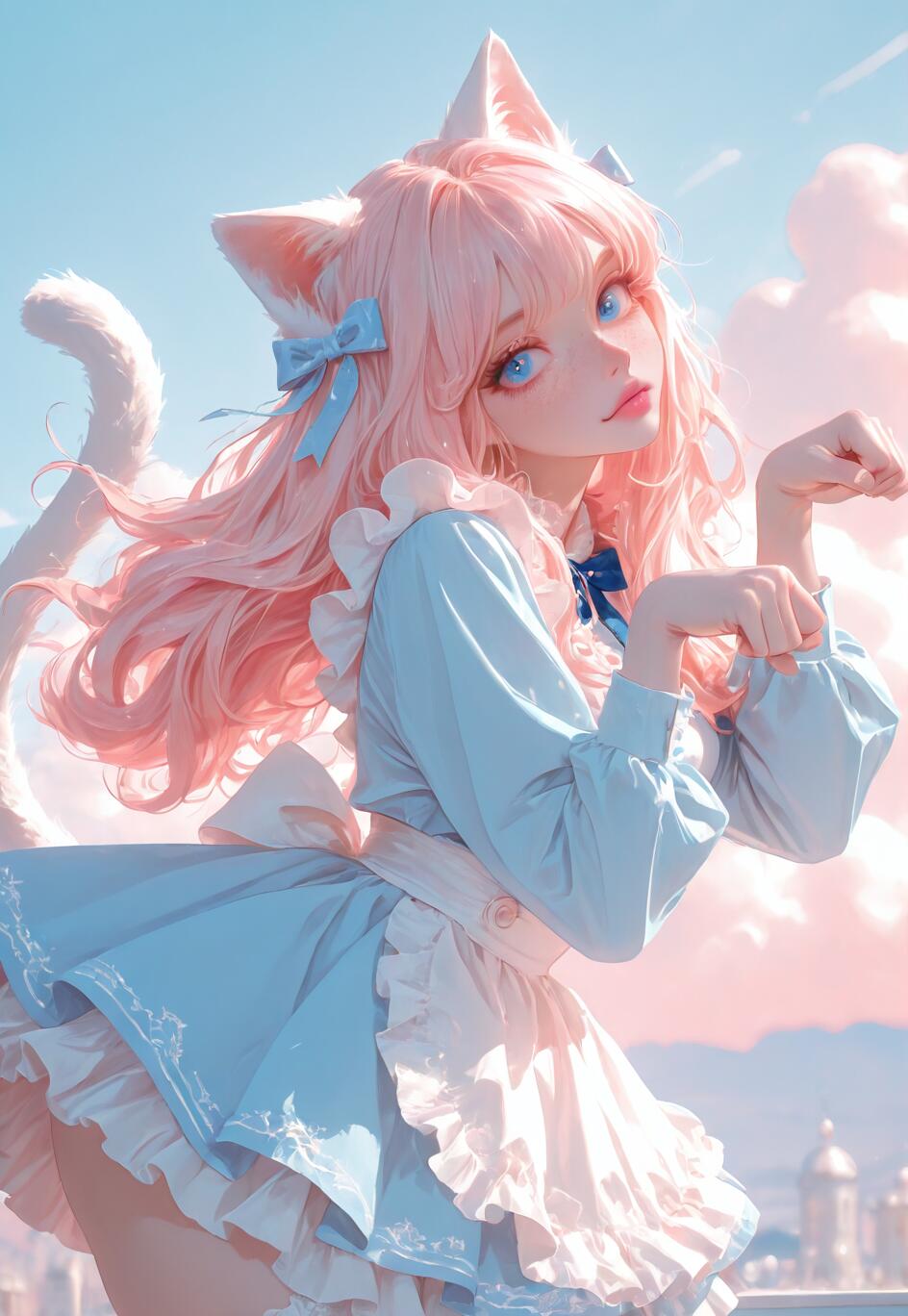 Uma personagem de anime, uma rapariga de longos cabelos cor-de-rosa, olhos azuis e orelhas e cauda de gato brancas, vestida com um vestido azul-claro e um avental branco, fazendo um gesto fofo com a mão, como se fosse uma pata de gato, contra um céu azul-pastel e rosa.