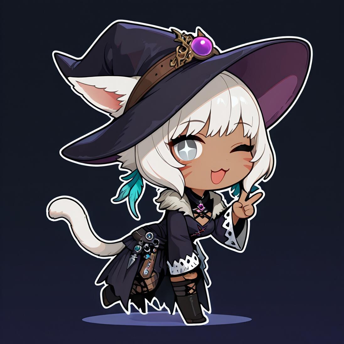 Um desenho fofo no estilo chibi de Y'shtola Rhul, de Final Fantasy XIV: uma garota-gato de pele escura e cabelos brancos, vestida como uma bruxa. Ela está piscando o olho e fazendo o sinal de paz.