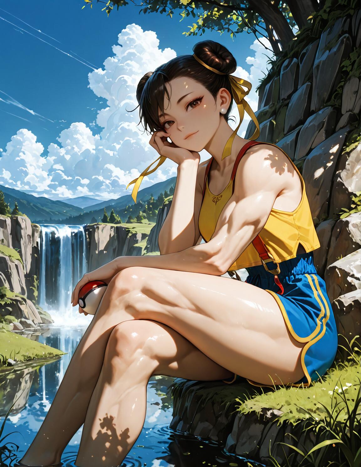Chun-Li, da série Street Fighter, está sentada à beira de um lago, num cenário natural e ensolarado, com uma cascata ao fundo. Ela está vestida como uma treinadora de Pokémon, com uma camisa amarela e calções azuis, segurando uma Poké Ball e sorrindo para o espectador.