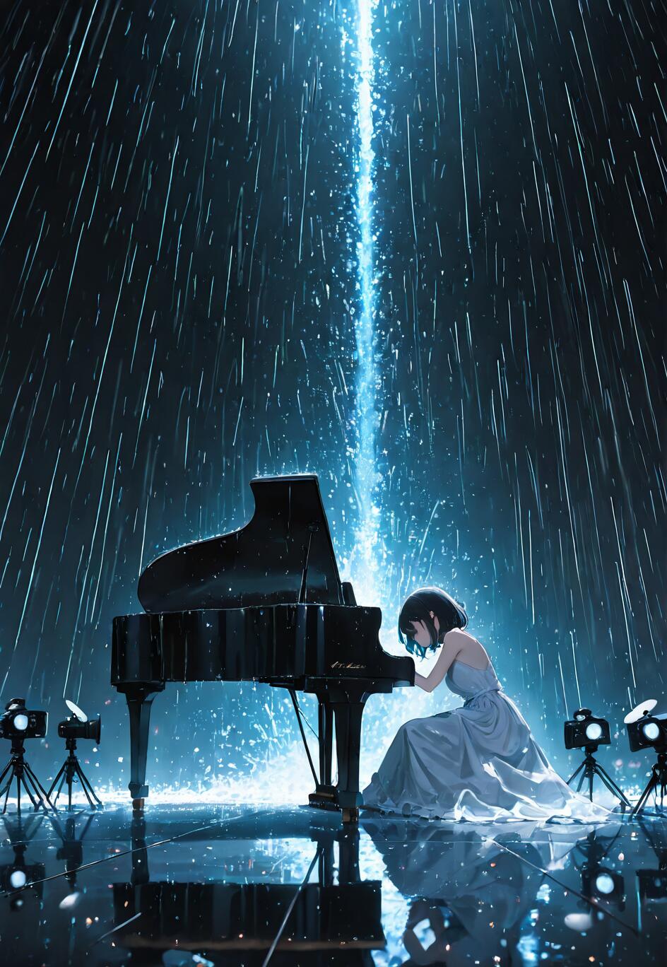 Uma ilustração em estilo anime de uma jovem vestida com um elegante vestido, tocando um piano de cauda num palco molhado e refletor. Está a chover torrencialmente e um único e potente foco de luz azul ilumina-a de cima.