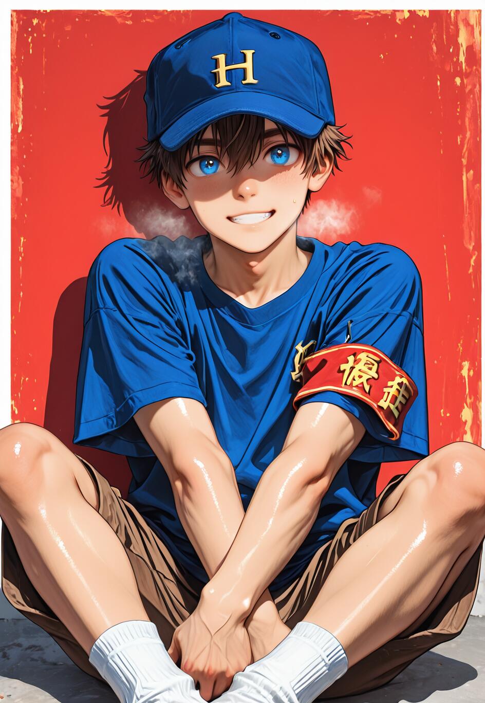 Um jovem de estilo anime, com cabelo castanho e olhos azuis brilhantes, vestindo uma camisa azul e um boné de beisebol com um «H», sorri com confiança enquanto está sentado, com os braços e as pernas cruzados, em frente a uma parede vermelha.