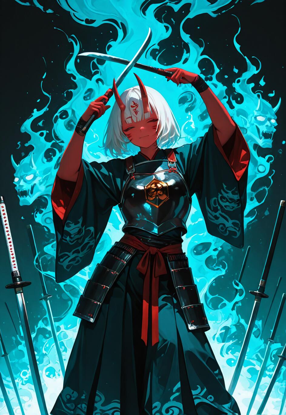 Uma jovem oni de pele vermelha, com cabelos brancos e chifres, vestida com uma armadura de samurai sobre um quimono escuro, segura duas espadas curtas cruzadas acima da cabeça, em meio a chamas azuis e etéreas e rostos fantasmagóricos.