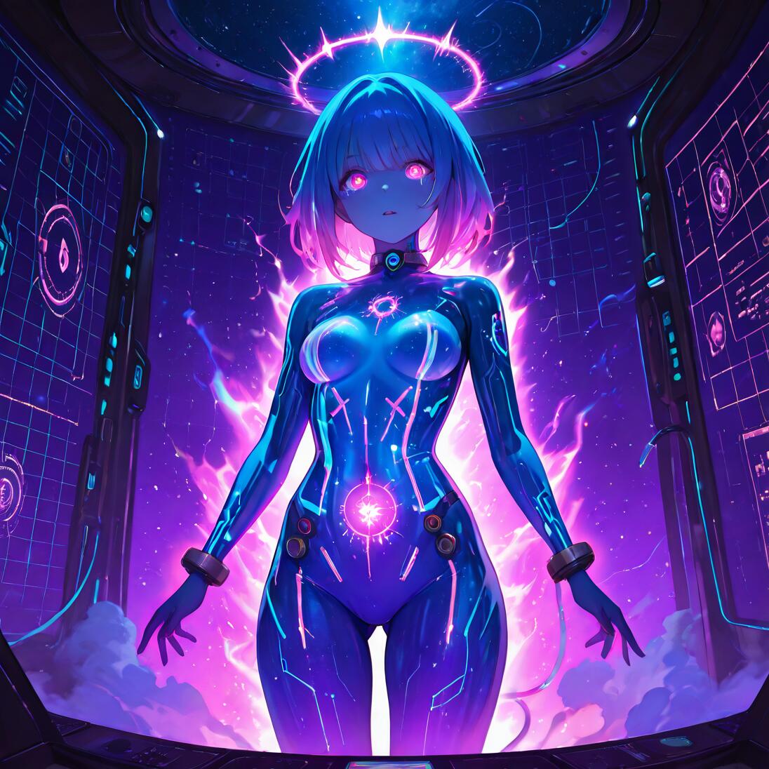 Uma imagem de corpo inteiro de uma personagem feminina futurista, no estilo anime, com cabelo azul curto, um halo brilhante e um corpo cibernético coberto por circuitos luminosos azuis e rosa, em pé na cabine de uma nave espacial, com vista para uma galáxia roxa.