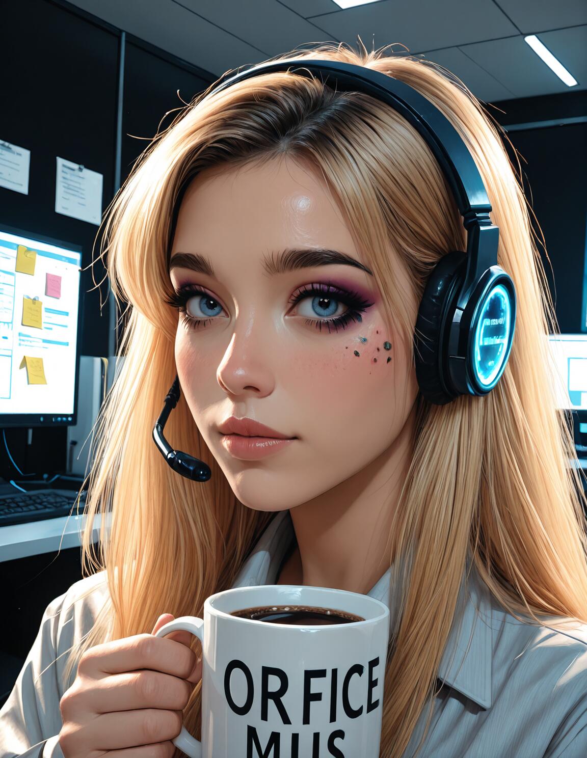 Uma pintura digital de uma jovem loira de olhos azuis, usando um headset luminoso e segurando uma caneca de café numa cabine de escritório.
