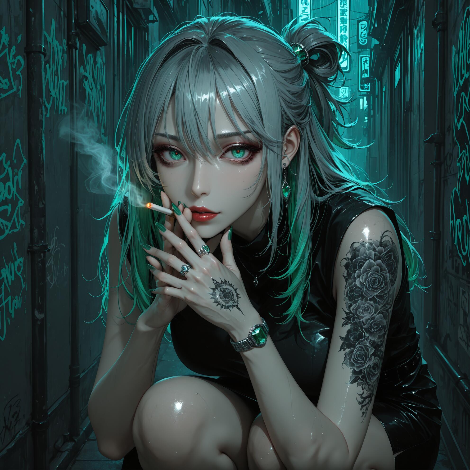 Uma ilustração em estilo anime de uma jovem com cabelo cinzento, mechas verdes e olhos verde-vivos, agachada numa viela escura e iluminada por luzes de néon, enquanto fuma um cigarro e olha diretamente para a câmara. Ela tem uma grande tatuagem de rosa no braço.