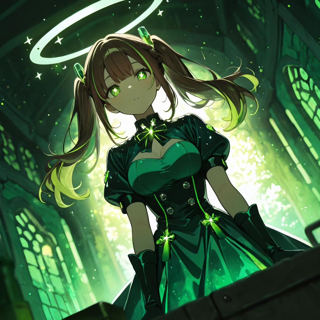 Uma rapariga de anime com dois rabos de cavalo castanhos e verdes, olhos verdes brilhantes em forma de estrela e um halo branco, vestida com um elegante vestido verde e preto, dentro de um salão que se assemelha a uma catedral, iluminado por uma luz verde etérea.