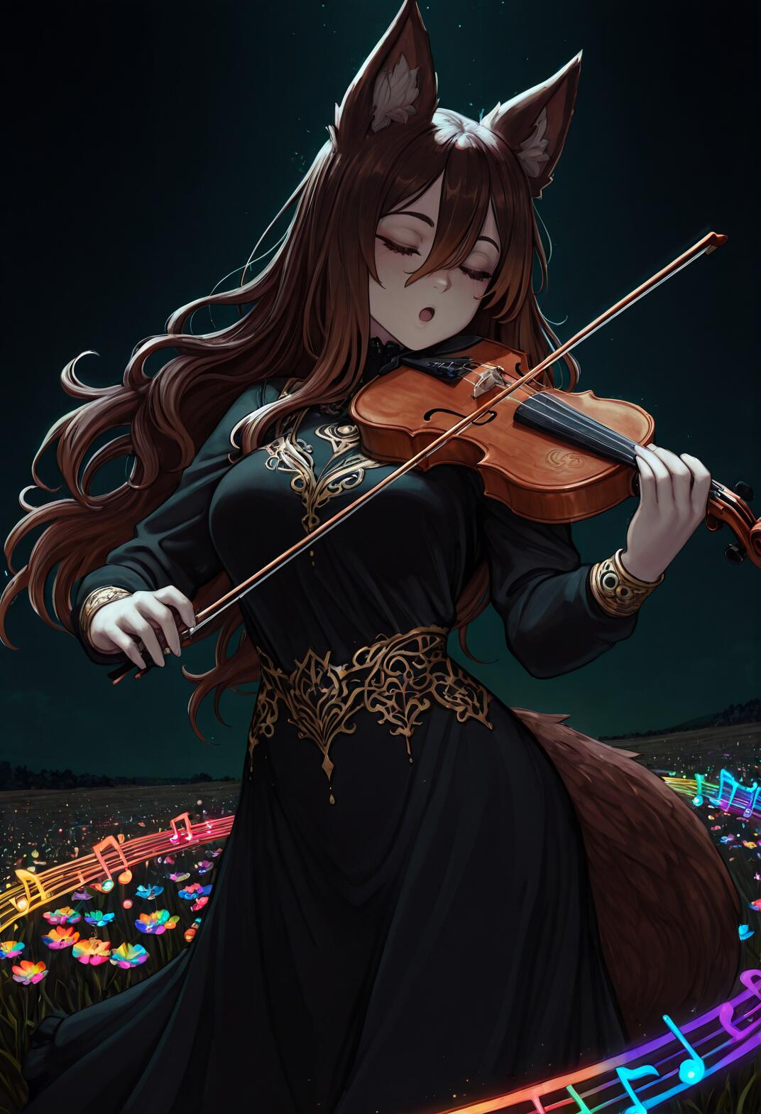 Uma raposa antropomórfica no estilo anime, com longos cabelos castanhos, orelhas e uma cauda, vestida com um elegante vestido preto e dourado, toca violino num campo de flores coloridas durante a noite. Uma partitura musical mágica e luminosa, em forma de arco-íris, gira ao seu redor.