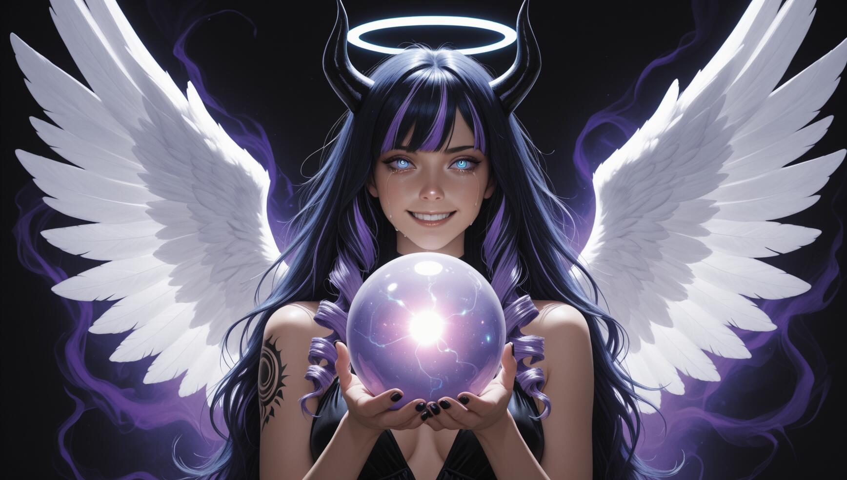 Uma mulher com um estilo de desenho animado japonês (anime), com asas brancas de anjo, chifres negros de demônio e um halo azul, sorrindo enquanto segura uma esfera púrpura brilhante contra um fundo preto.