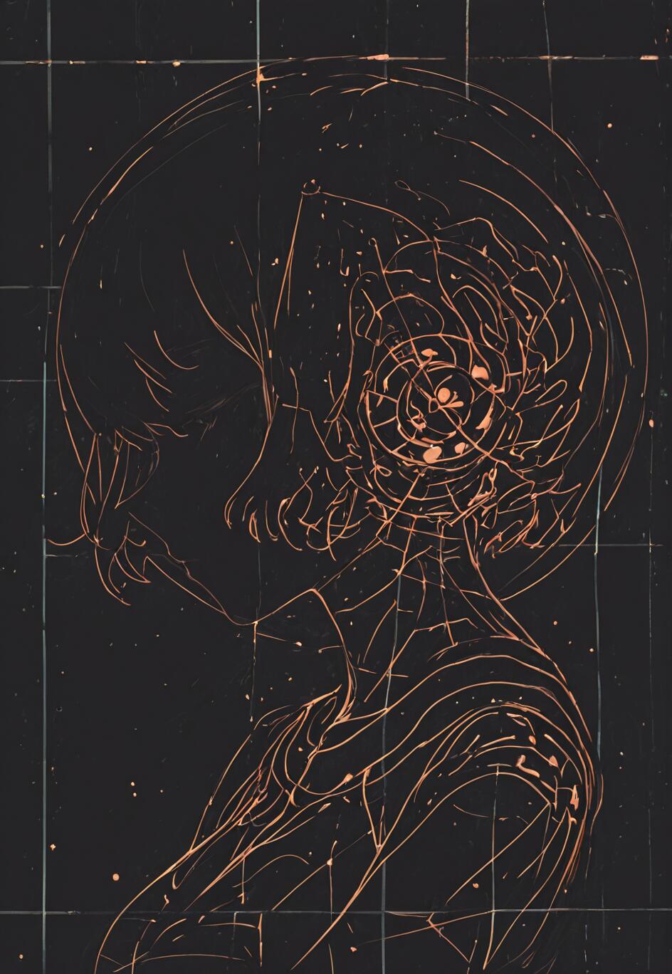 Uma obra de arte abstrata moderna que retrata Rei Ayanami, de Neon Genesis Evangelion, de perfil. A imagem é um desenho a traço em tons de cobre brilhante sobre um fundo escuro em forma de grade, com a lateral da cabeça da personagem se dissolvendo em uma espiral caótica e bela.