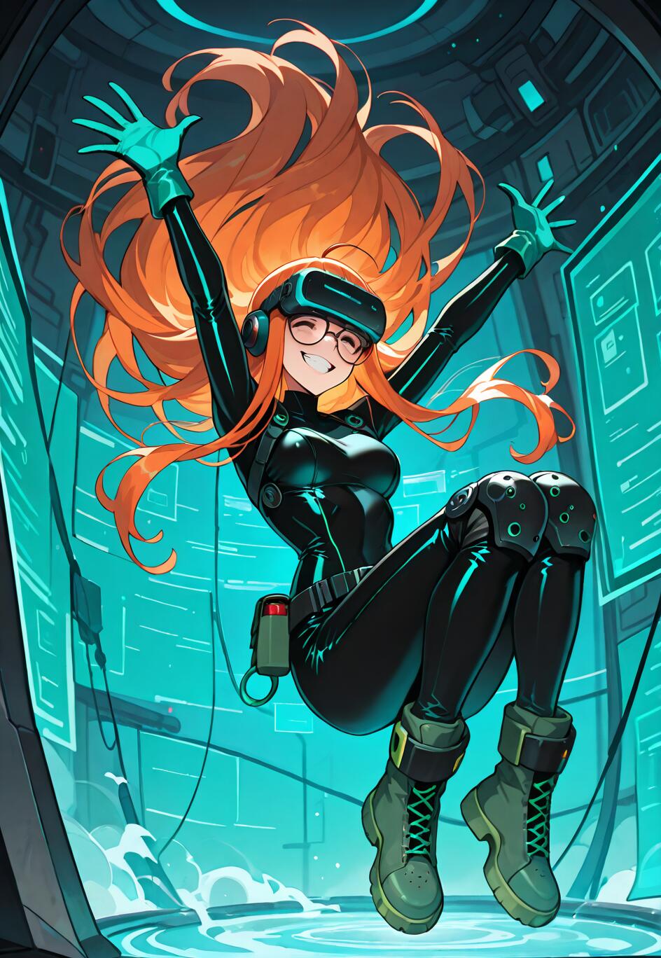 Uma ilustração no estilo anime de Futaba Sakura, de Persona 5, flutuando num cenário de ficção científica. Ela tem longos cabelos laranja, usa óculos e tem um largo sorriso, e está vestida com o seu fato preto de Oracle, com um visor de realidade virtual, luvas verdes e botas, com os braços levantados no ar.