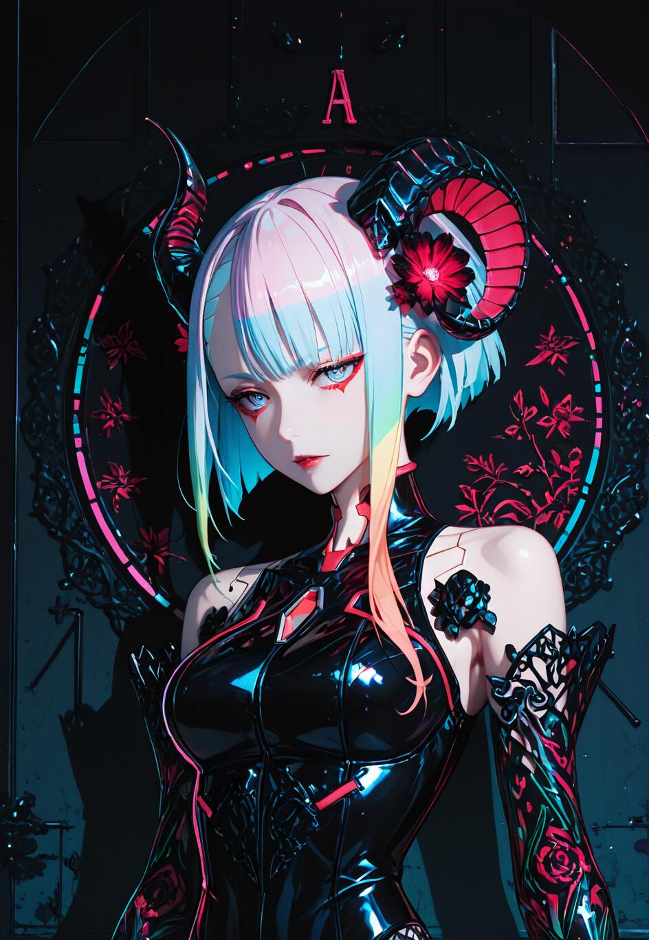 Uma ilustração em estilo anime de uma mulher que se assemelha à Lucy, de Cyberpunk: Edgerunners, com cabelo em tons pastel de arco-íris, grandes chifres pretos em forma de carneiro e uma flor vermelha. Ela veste um elegante fato de estilo cyberpunk preto, em contraste com um fundo escuro e uma moldura circular de néon rosa e azul.