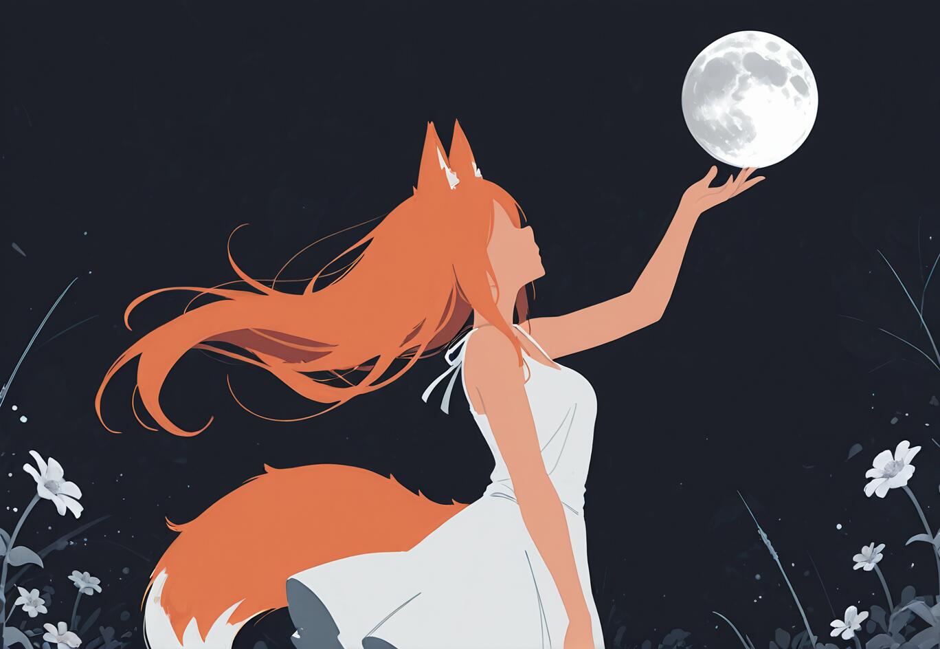 Uma ilustração de Holo, da série Spice and Wolf, uma jovem com orelhas de raposa cor de laranja, longos cabelos cor de laranja e uma grande cauda de raposa, vestindo um vestido branco. Ela está em pé em um campo de flores à noite, estendendo os braços em direção à lua cheia.