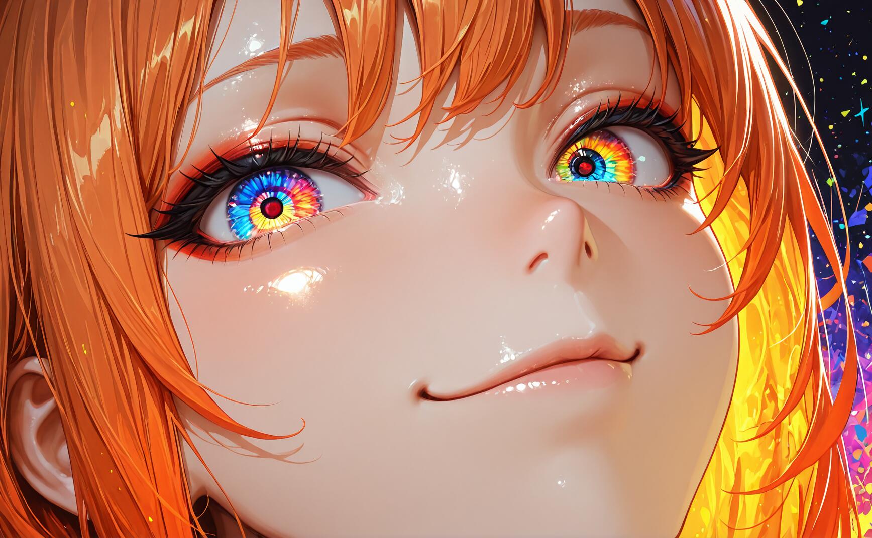 Uma ilustração em close-up de uma rapariga de anime, com cabelo laranja vibrante e um sorriso presunçoso. Os seus olhos são o ponto central da imagem, apresentando padrões intrincados, luminosos e caleidoscópicos, com anéis de cores do arco-íris.