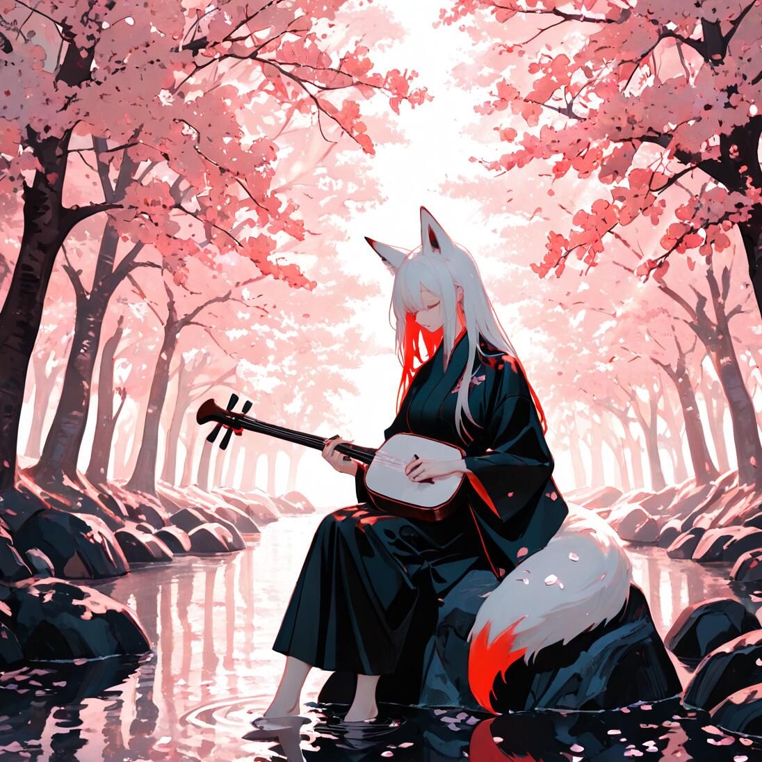 Uma raposa-menina de anime, de cabelos brancos, vestida com um quimono preto, sentada numa rocha à beira de um rio, tocando um shamisen sob as árvores de cerejeira em flor, de cor rosa.