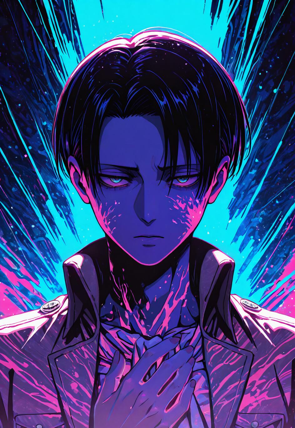 Uma ilustração no estilo anime de Levi Ackerman, da série Attack on Titan, com a mão no peito. A ilustração apresenta uma paleta de cores vibrantes em tons de néon, como azul, rosa e roxo, com um fundo abstrato e dinâmico.