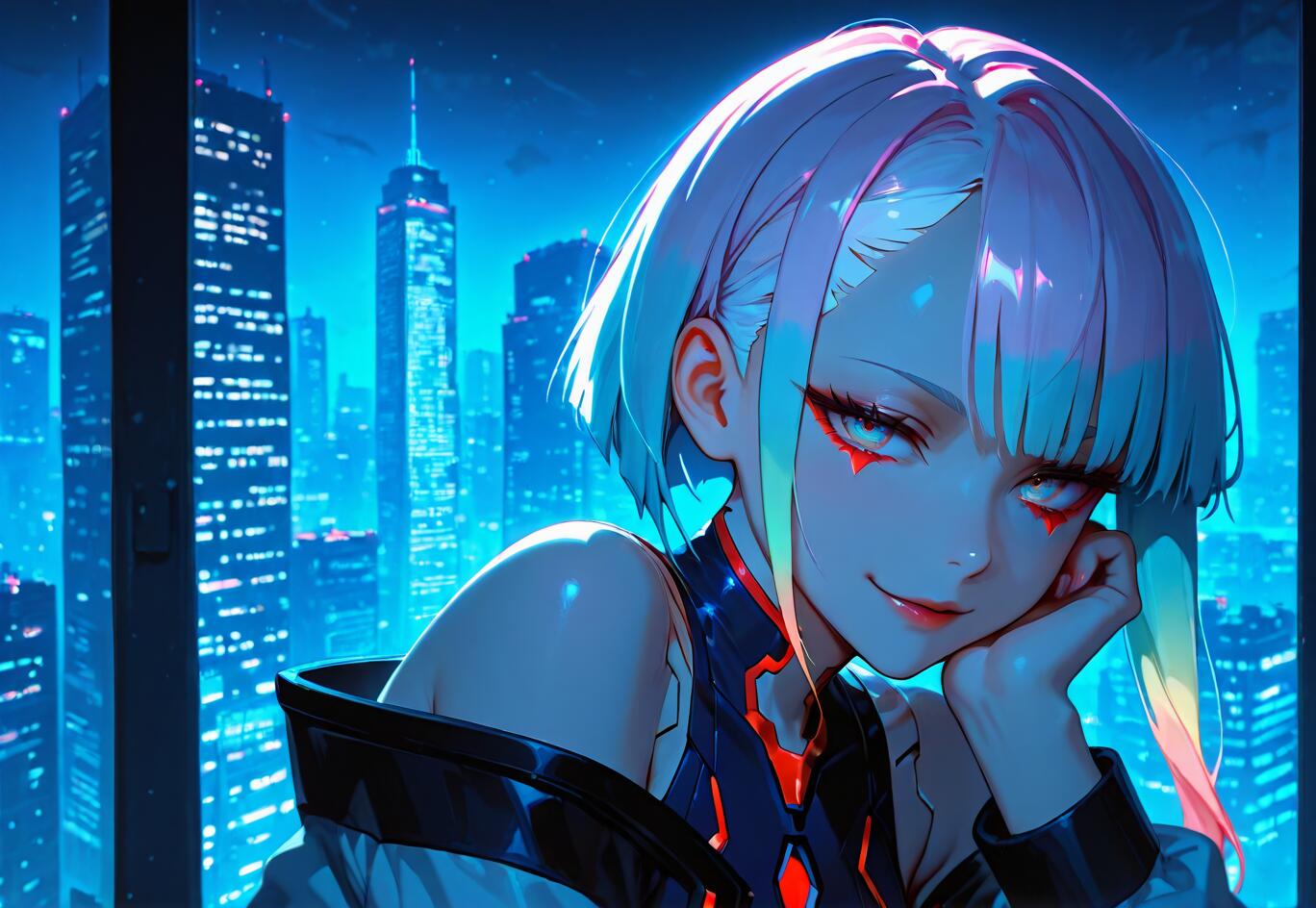 Uma ilustração no estilo anime de Lucy, de Cyberpunk: Edgerunners, uma jovem com cabelo curto, branco e com mechas coloridas, que olha para o espectador com um sorriso malicioso. Ela está em frente a uma janela com vista para o horizonte de uma cidade futurista à noite.