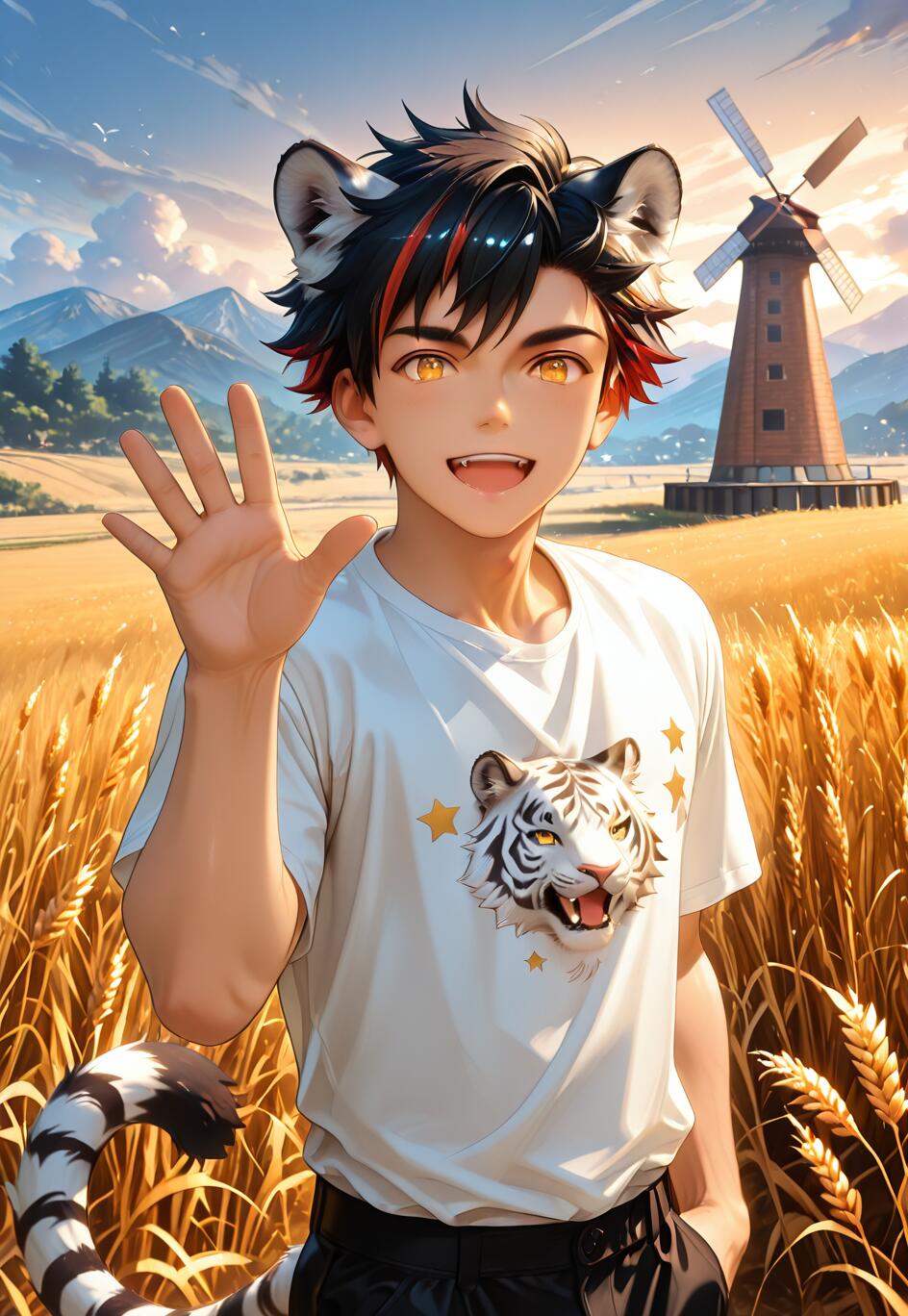 Um rapaz de anime com cabelo preto e vermelho, orelhas e cauda de tigre, identificado como Nagumo Tetora, de Ensemble Stars!!, sorrindo e acenando num campo de trigo dourado, com um moinho de vento ao fundo.