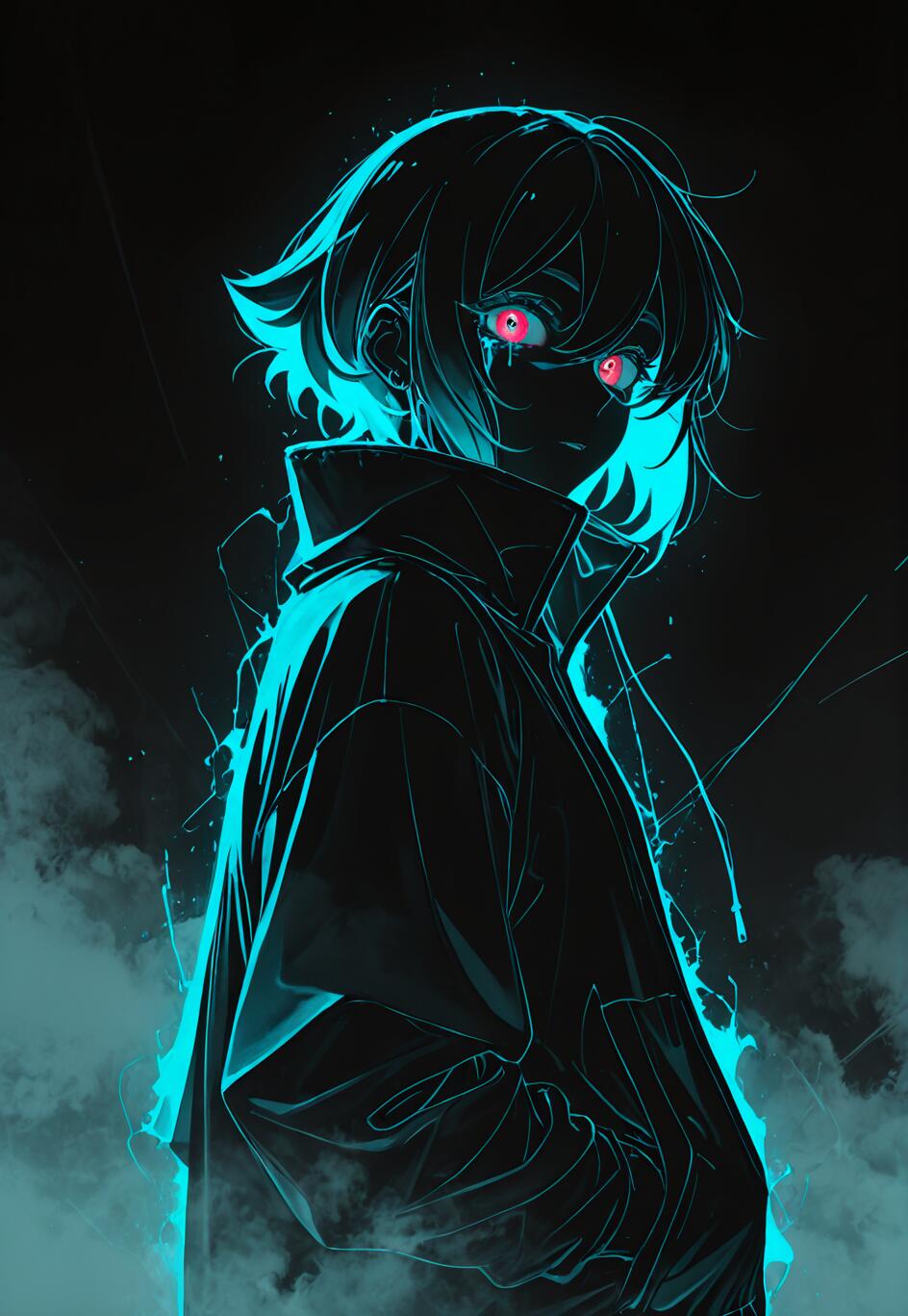 Uma personagem de anime, Theresa Apocalypse, com cabelo curto e um casaco com gola alta, é iluminada por um contorno de néon ciano vibrante, contrastando com um fundo escuro e nebuloso. Os seus olhos brilham num vermelho intenso.