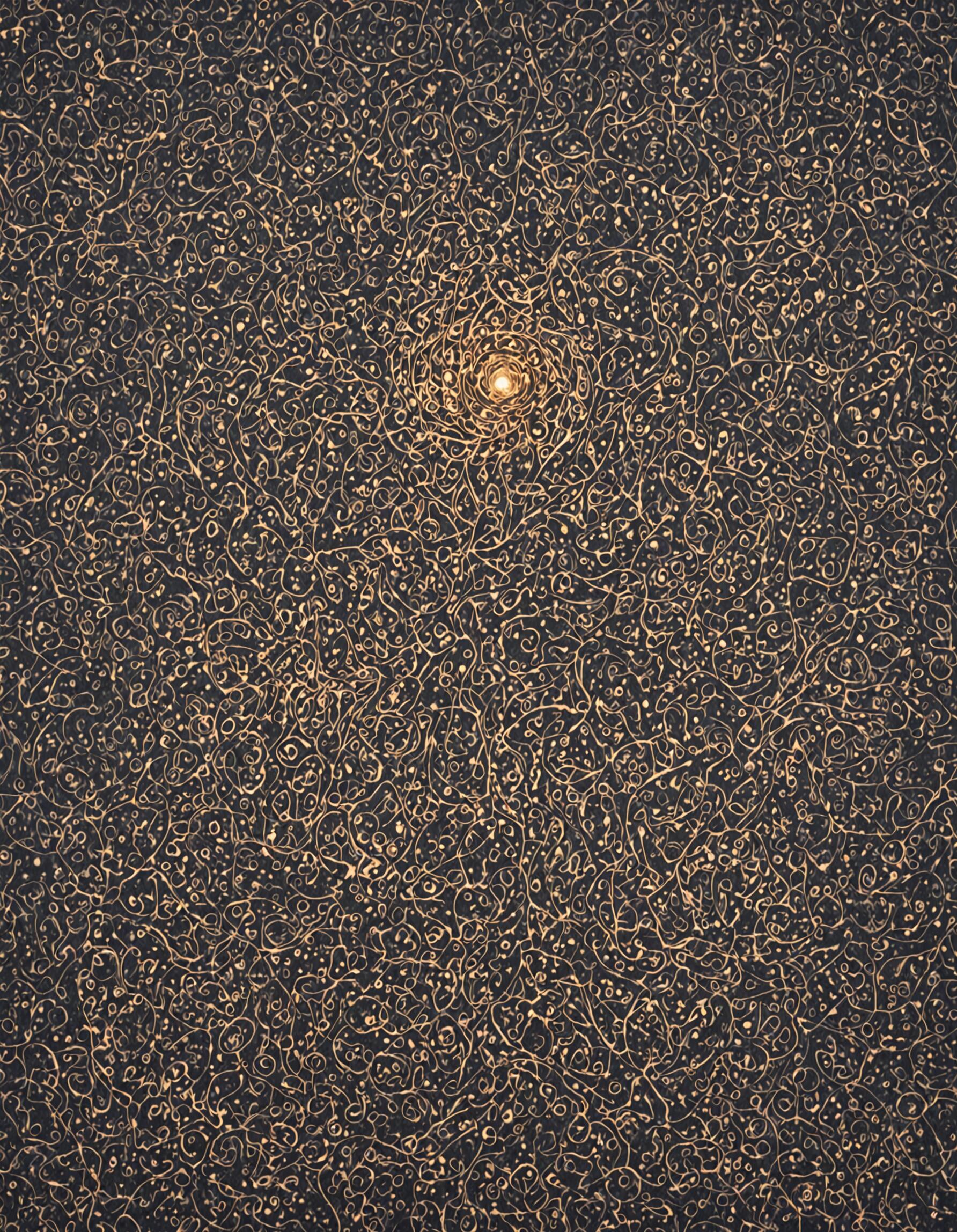 Uma pintura abstrata com um fundo escuro, coberto por uma densa e intrincada rede de linhas e pontos dourados em movimento. No centro superior, uma única esfera de luz brilhante e radiante serve como ponto focal.