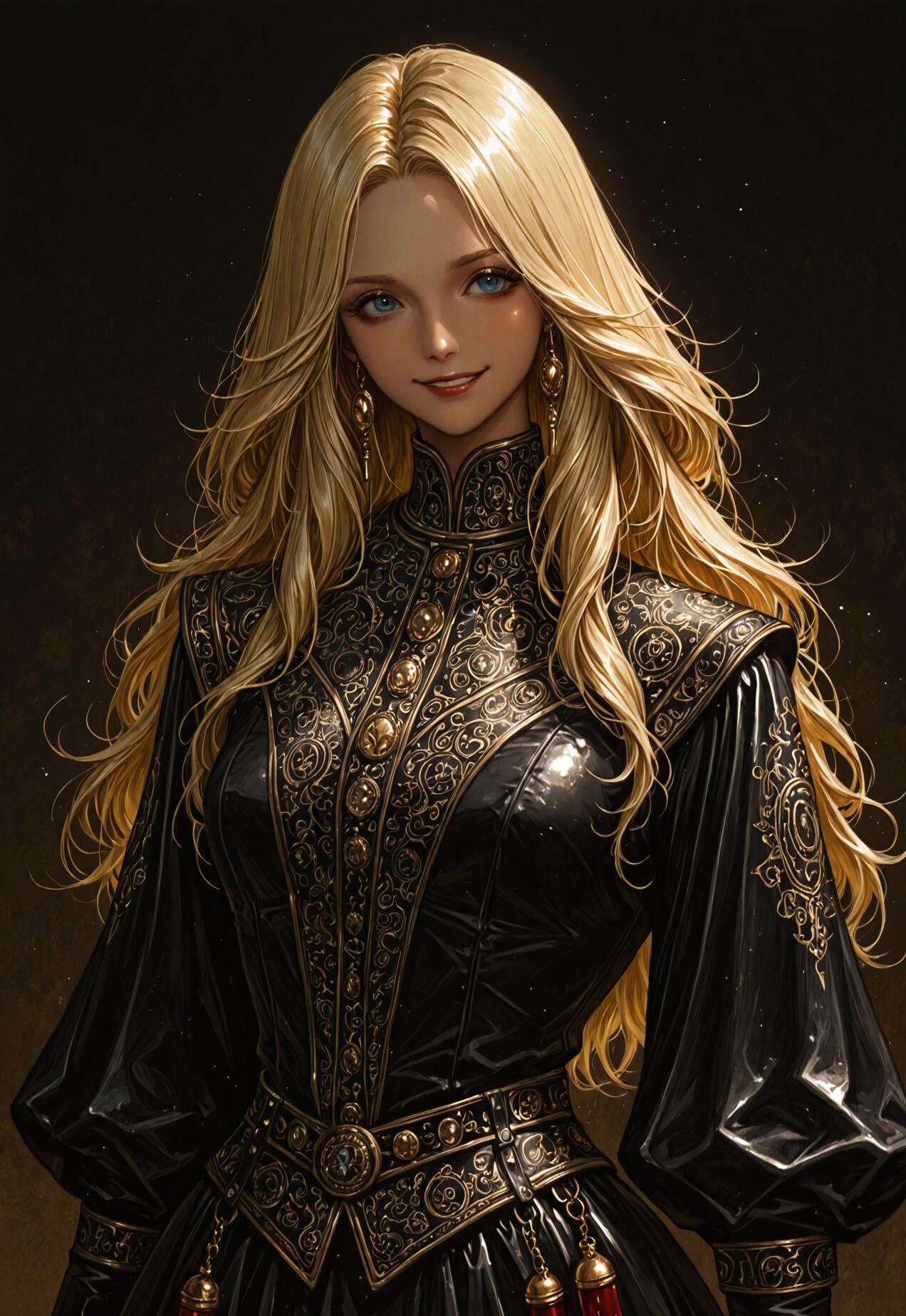 Uma pintura digital que retrata uma jovem mulher da cintura para cima, com longos cabelos loiros e ondulados e olhos azuis, sorrindo suavemente. Ela veste um elaborado vestido de fantasia preto e dourado, com um decote alto, sobre um fundo escuro.