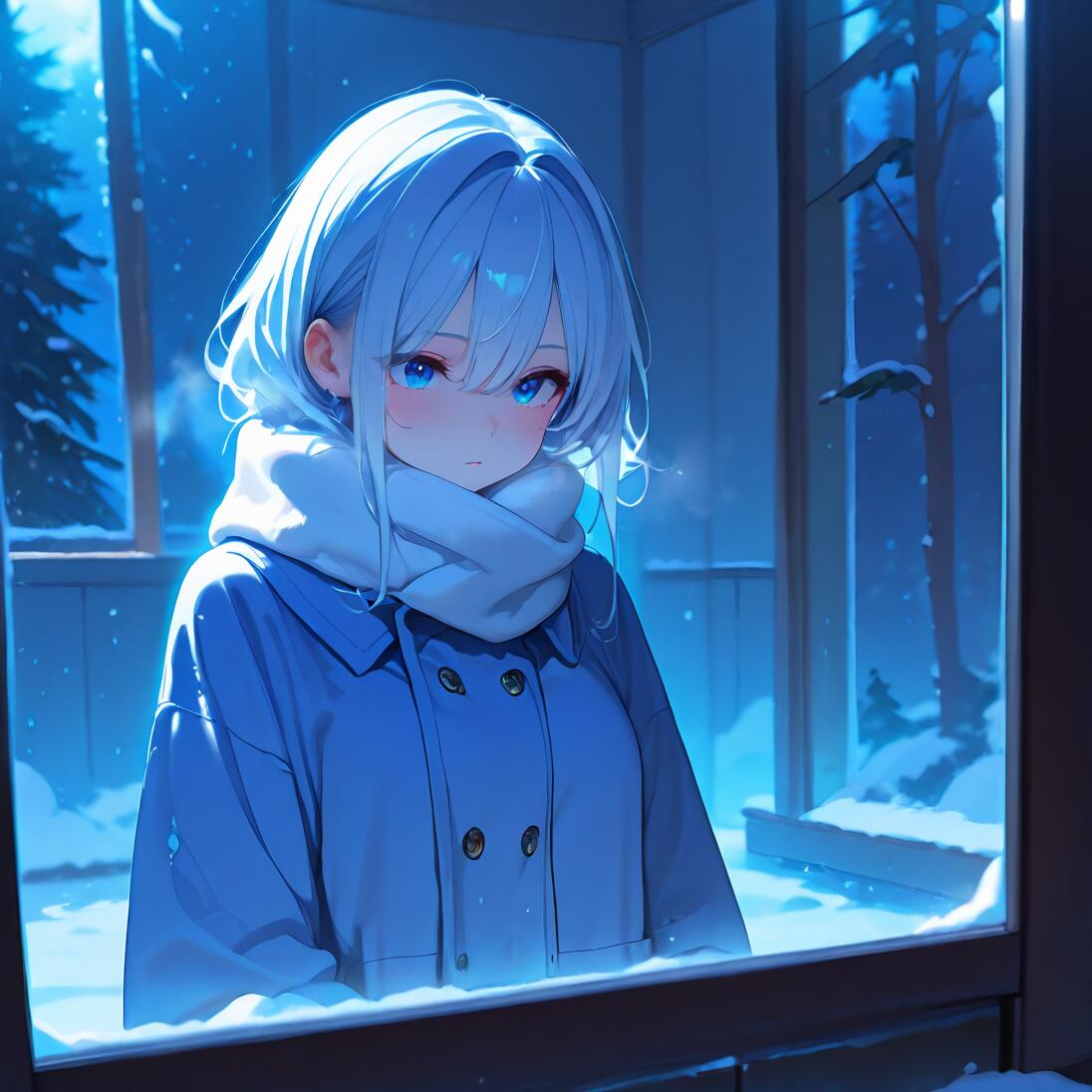Uma rapariga de anime, com cabelo azul-claro e um cachecol branco, observa uma paisagem noturna coberta de neve através de uma janela. Ela veste um casaco azul, e toda a imagem está banhada por uma luz fria e azulada.