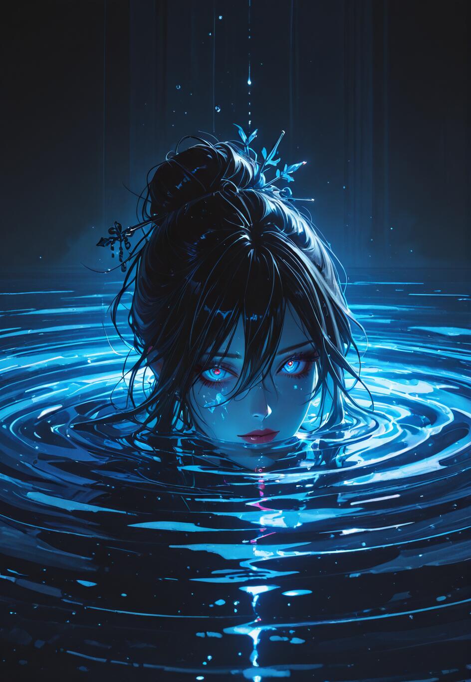 Uma ilustração em estilo anime de uma mulher com cabelos pretos presos em um coque, submersa até o pescoço em água escura que emite um brilho azul, criando ondulações ao seu redor enquanto ela olha para frente com olhos azuis penetrantes e luminosos.