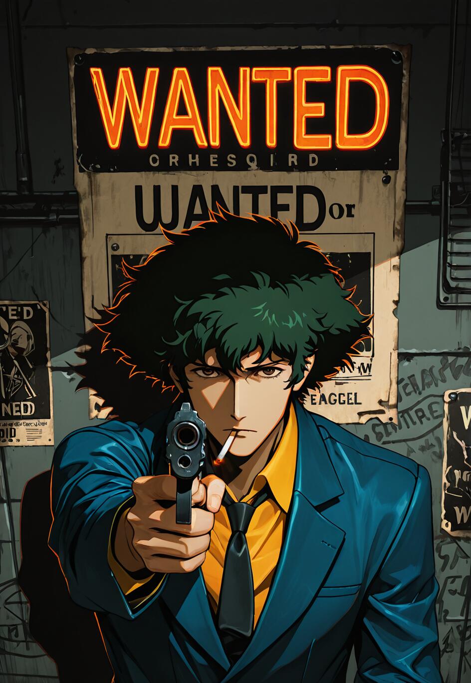 Ilustração em estilo anime de Spike Spiegel, de Cowboy Bebop, apontando uma pistola para a câmera. Ele tem cabelos escuros e desalinhados, um cigarro na boca e está vestindo um terno azul. Atrás dele, há uma parede com um grande letreiro de néon que diz «PROCURADO».
