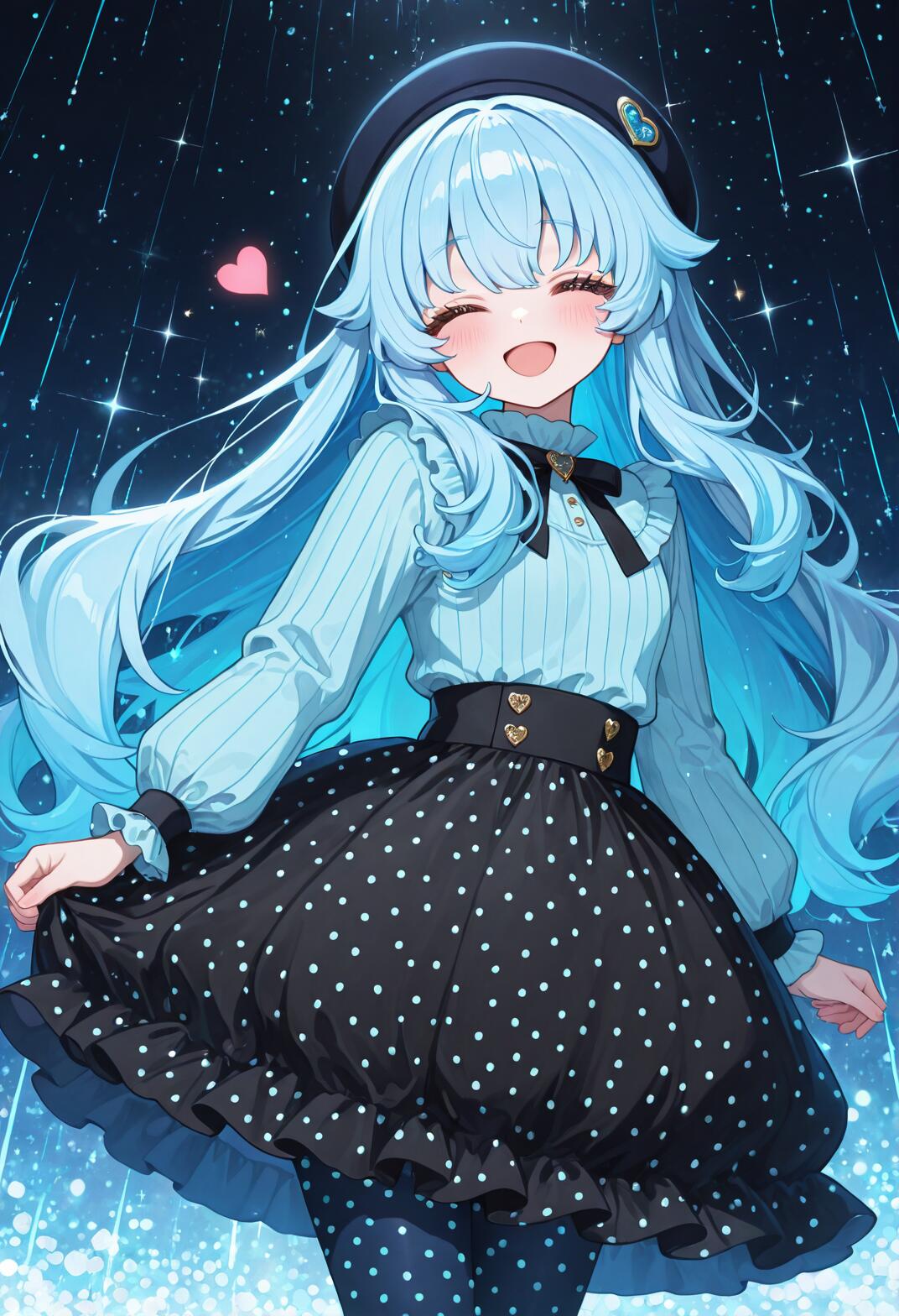 Uma personagem de anime, uma rapariga de longos cabelos azul-claros e com um sorriso alegre e um olhar divertido, veste um boina preto, uma blusa azul-clara e uma saia preta com bolinhas, e está em pé num cenário noturno cintilante e estrelado.