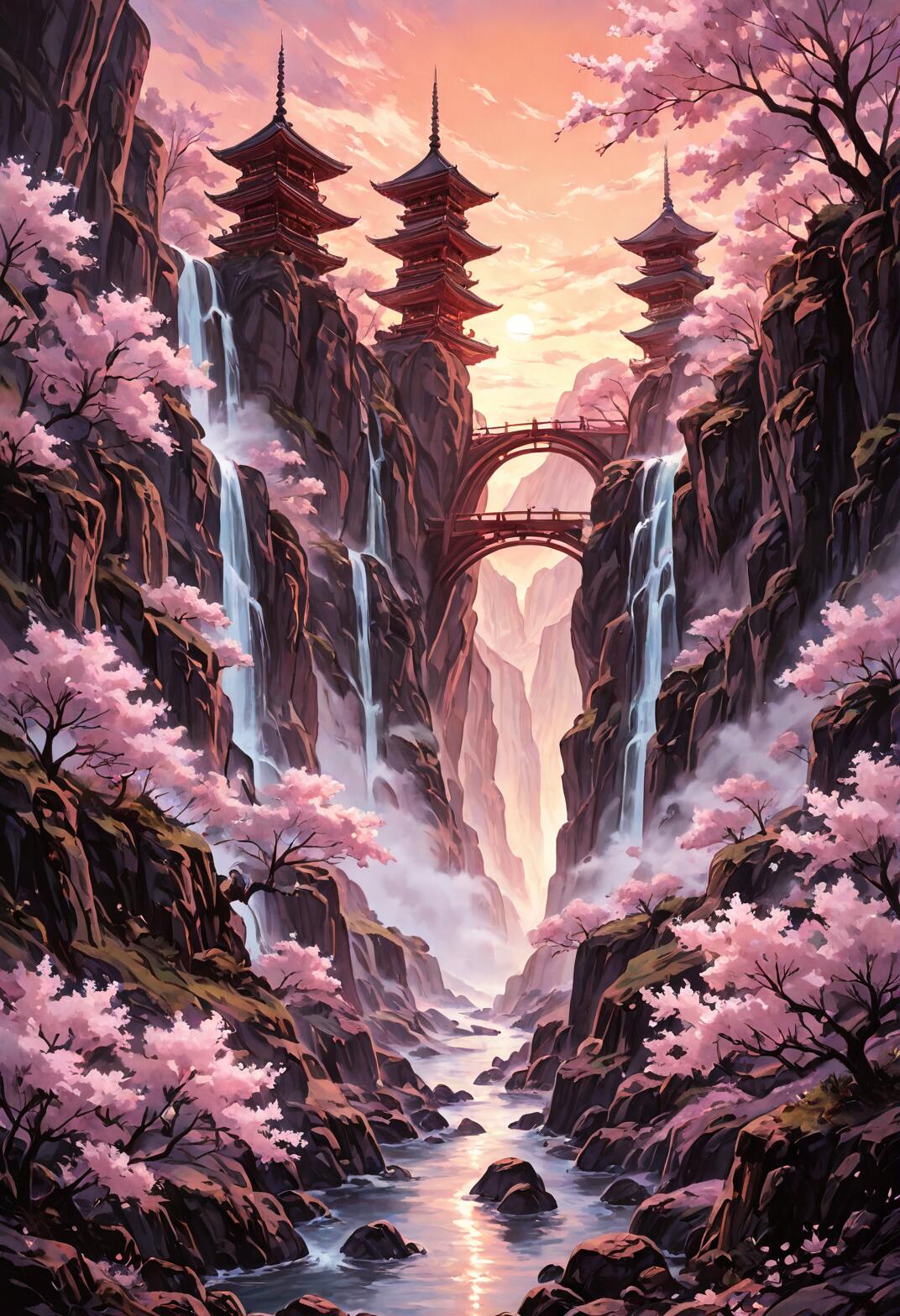 Uma pintura digital vertical que retrata um desfiladeiro profundo, com pagodes asiáticos tradicionais nas encostas, várias cascatas, uma ponte de pedra e cerejeiras em flor, todas iluminadas por um pôr do sol quente.