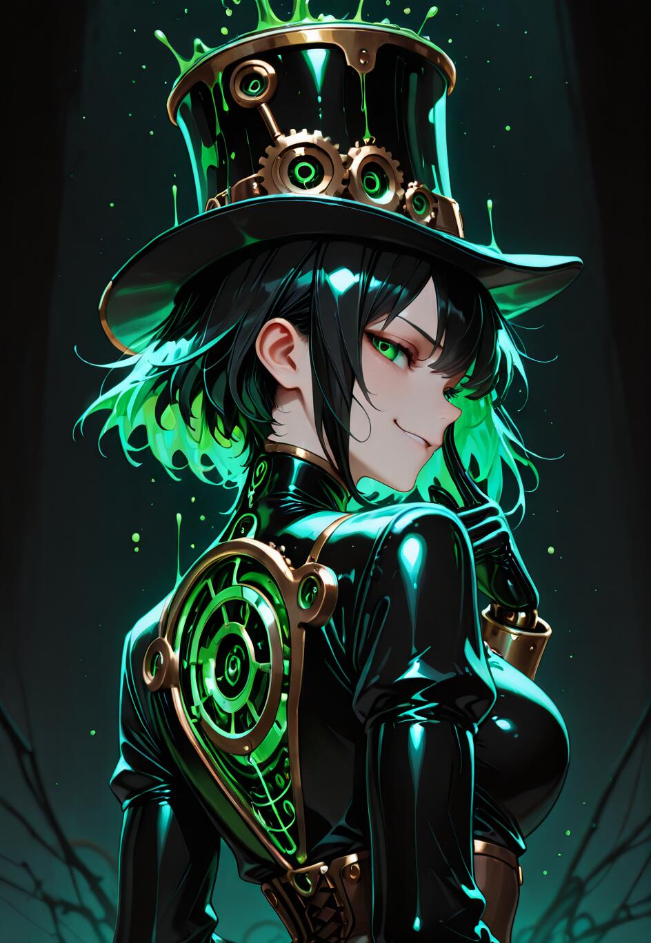 Uma personagem com um estilo de anime, com cabelo curto, preto e verde brilhante, olha por cima do ombro com um sorriso irônico. Ela veste um traje steampunk preto e um chapéu de copa que está cheio de uma substância verde brilhante e viscosa.