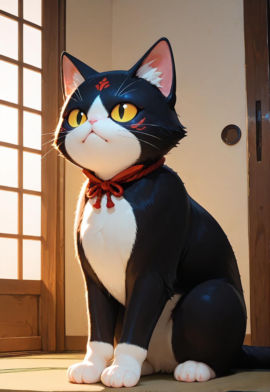 Uma ilustração em estilo anime de um gato de smoking preto e branco, sentado ereto. O gato tem olhos amarelos grandes, uma coleira vermelha e marcas vermelhas no rosto, que lembram as de um guerreiro. Ele está dentro de um quarto em estilo japonês, ao lado de uma tela shoji.