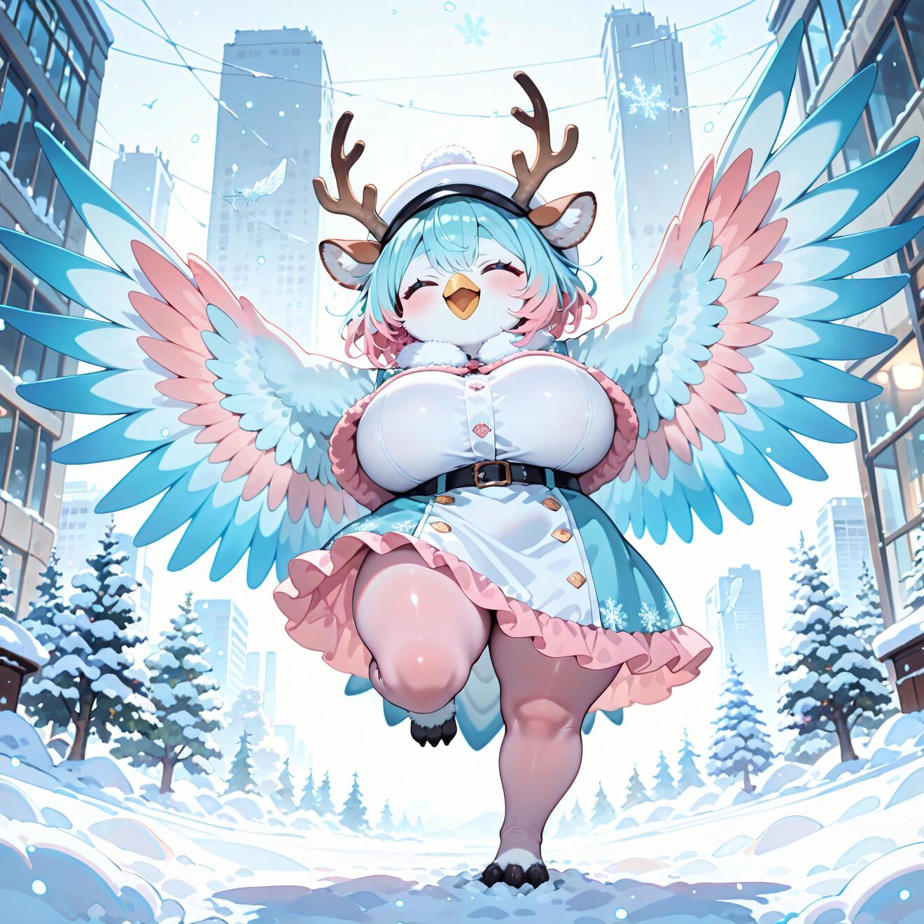 Uma alegre harpia, com o estilo característico dos animes, e com chifres de rena, está de pé sobre uma perna, numa cidade coberta de neve. Ela tem grandes asas em tons pastel de azul e rosa, cabelos azuis e rosas, e veste um vestido de inverno branco e azul.