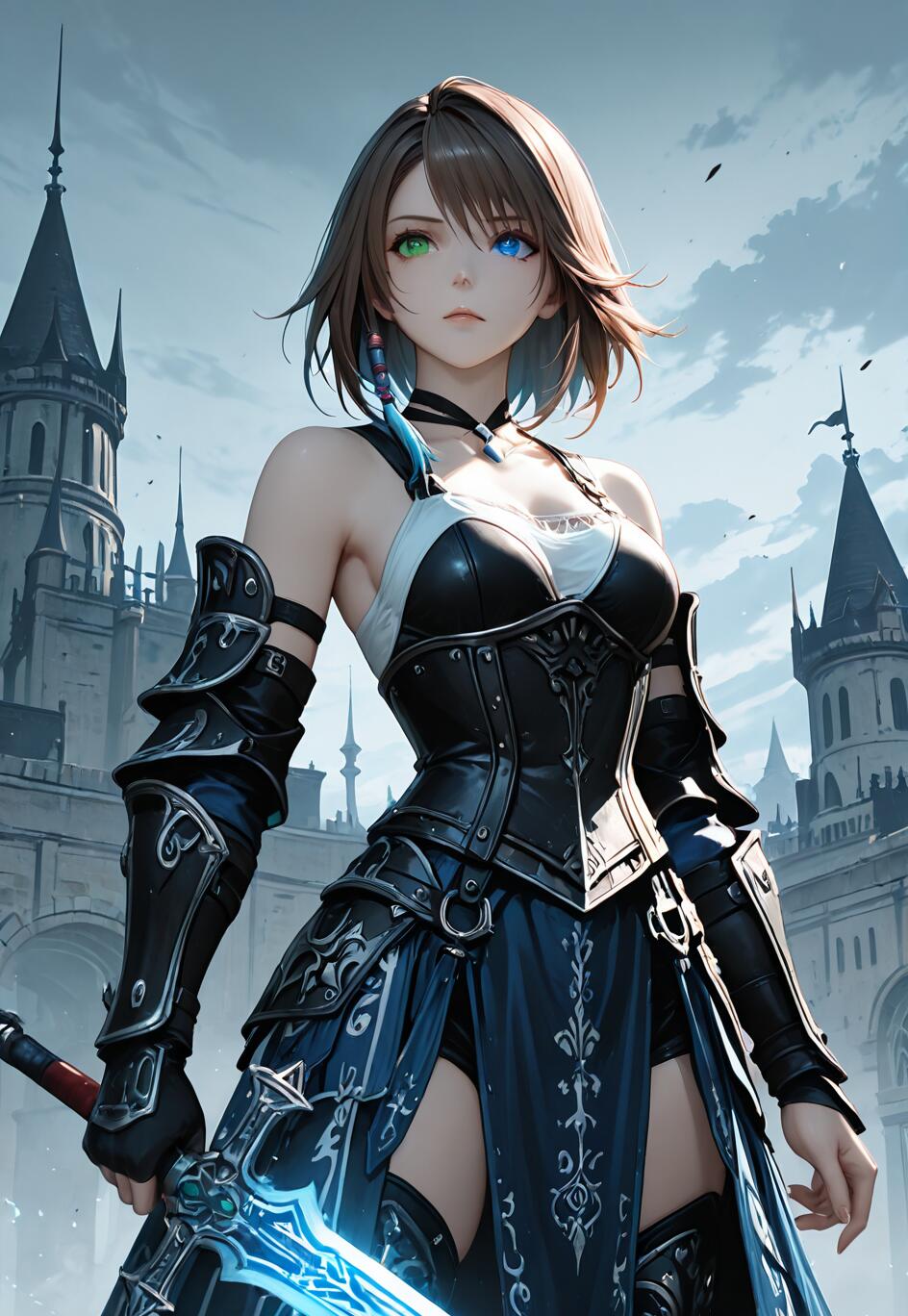 Uma ilustração no estilo anime de Yuna, de Final Fantasy X, vestida como uma cavaleira. Ela tem cabelo castanho curto, um olho verde e um olho azul, e está segurando uma espada azul brilhante em frente a um grande castelo de estilo gótico.