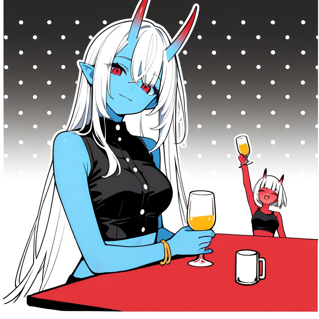 Uma ilustração em estilo anime de uma menina oni de pele azul com longos cabelos brancos, sentada a uma mesa vermelha, enquanto uma menina oni de pele vermelha a aplaude, segurando uma bebida ao fundo, com um cenário de fundo com padrões de bolinhas.