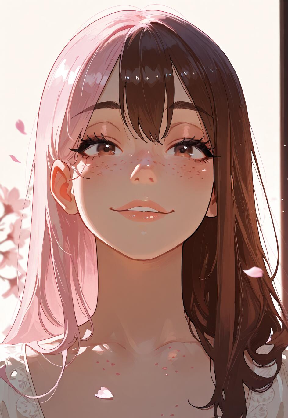 Retrato em close-up de Neopolitan, da série RWBY, destacando o seu cabelo característico, dividido em tons de rosa e castanho. Ela tem um sorriso suave, olhos castanhos e está rodeada por pétalas de flor de cerejeira flutuantes, numa luz suave.