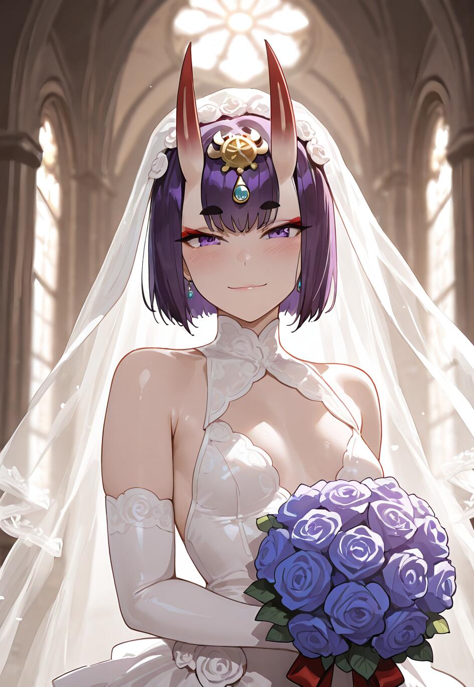 Shuten Douji, de Fate/Grand Order, vestida de noiva, sorrindo com um vestido branco e véu dentro de uma igreja, segurando um ramo de rosas azuis.