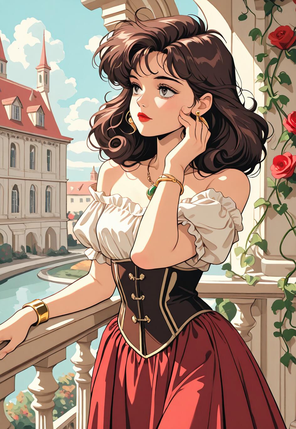 Uma ilustração em estilo anime de uma jovem com cabelos escuros e encaracolados, vestida com um traje renascentista, em pé numa varanda ensolarada com vista para uma cidade europeia e um canal.