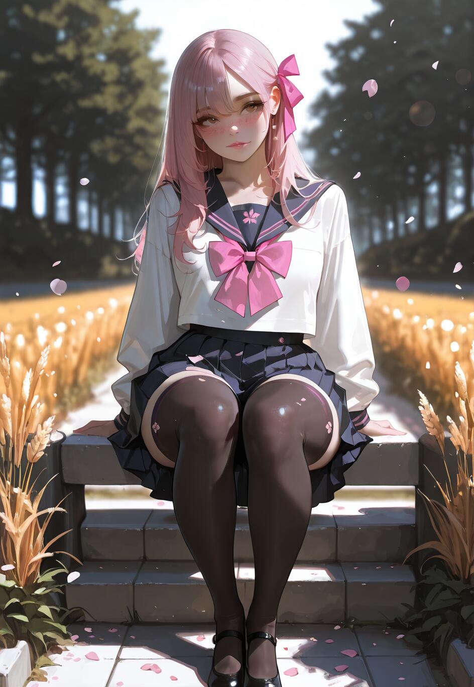 Uma ilustração em estilo anime de uma menina com longos cabelos cor-de-rosa, sentada em degraus de pedra. Ela veste um uniforme escolar japonês com uma blusa branca, saia azul, um grande laço cor-de-rosa e meias pretas que vão até a coxa, cercada por plantas douradas e pétalas cor-de-rosa flutuantes.