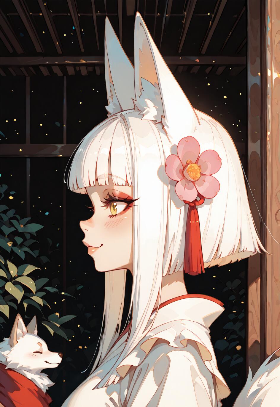 Uma ilustração de perfil de uma rapariga no estilo anime, com cabelo curto e branco e grandes orelhas de raposa brancas, usando uma flor cor-de-rosa. Ela está a sorrir e segura uma pequena raposa branca, com um jardim japonês ao fundo, durante a noite.