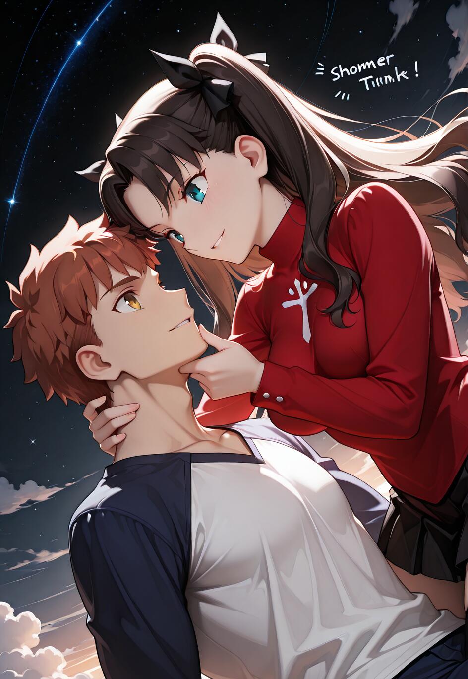 Uma ilustração em estilo anime de Tohsaka Rin e Emiya Shirou, de Fate/stay night, partilhando um momento romântico. Rin, com longos cabelos escuros e um casaco vermelho, olha para baixo, para Shirou, e segura o queixo dele. Shirou, com cabelos castanho-avermelhados, olha para cima, para ela. O fundo é um céu noturno escuro e estrelado, com nuvens.